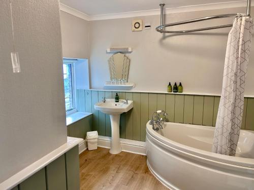 a bathroom with a bath tub and a sink and a bath tub at The Beacons Guest House in Brecon