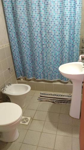a bathroom with a blue shower curtain and a toilet and sink at Abuela Chiquita in Ramallo