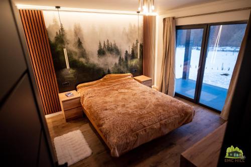 ein Schlafzimmer mit einem Bett und einem großen Fenster in der Unterkunft EMC Hill in Dealu