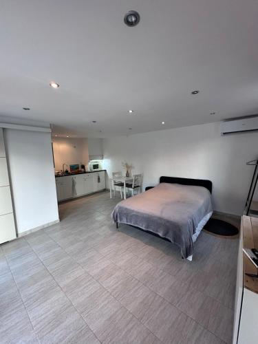 a large bedroom with a bed and a kitchen at Dépendance climatisée au sud de Toulouse in Lacroix-Falgarde