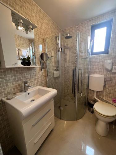 a bathroom with a shower and a sink and a toilet at Pensiunea Silvian in Cheia
