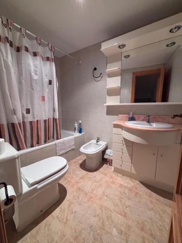a bathroom with a toilet and a sink and a shower at Casa Rosa in Alcañiz