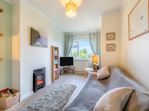 a living room with a couch and a fireplace at Arosfa in St. Davids
