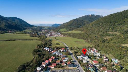 an aerial view of a village in the mountains at Apartmán Timea v Terchovej in Terchová