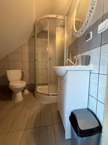 a bathroom with a sink and a shower and a toilet at Pokoje "U Ani" in Leśnica