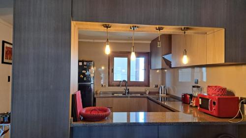 a kitchen with a counter and a sink and a refrigerator at Depto 3 in Villarrica