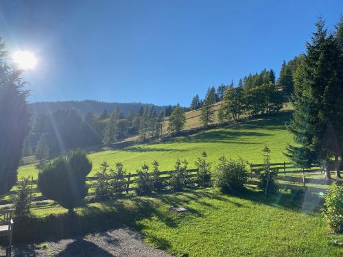 a grassy hill with a wooden fence in a field at Oswald Lodge - surrounded by nature in Sankt Oswald