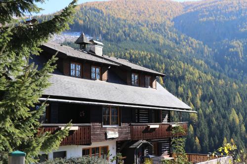 a large wooden house with mountains in the background at Oswald Lodge - surrounded by nature in Sankt Oswald