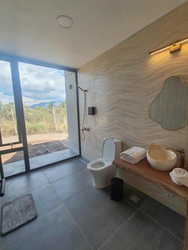 a bathroom with a toilet and a large window at Riviera Mendoza in Las Compuertas