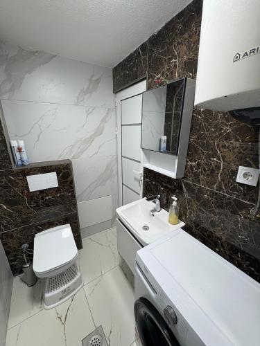 a small bathroom with a sink and a toilet at Apartmani Kula in Pečurice