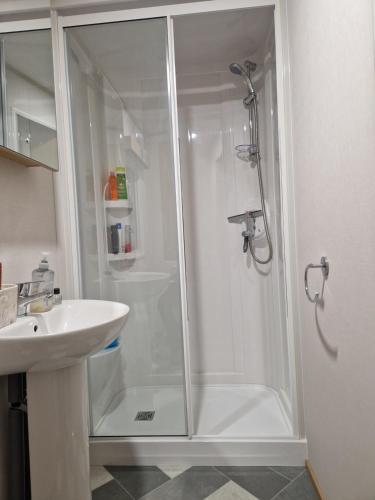 a bathroom with a shower and a sink at Georgina Meadows in Skipsea