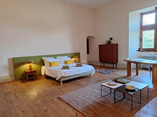 a large room with a bed and a table at Château de Savignac-Mona in Savignac-Mona