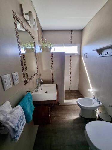 a bathroom with a sink and a toilet and a mirror at Lirios del Cerro in Sierra de la Ventana