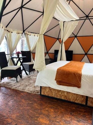 a bedroom with a canopy bed and a table and chairs at GLAMPING RESERVA CATEDRAL Zipaquira in Zipaquirá