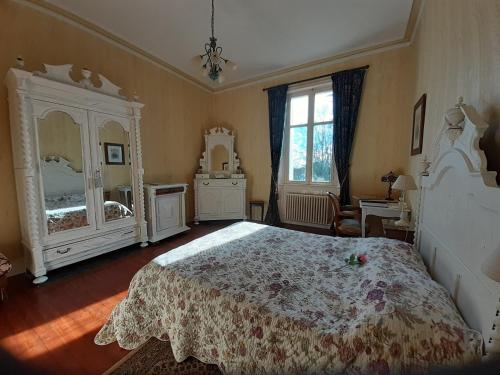 a bedroom with a large bed and a large mirror at LE CHATEAU Ste MARIE in Fors