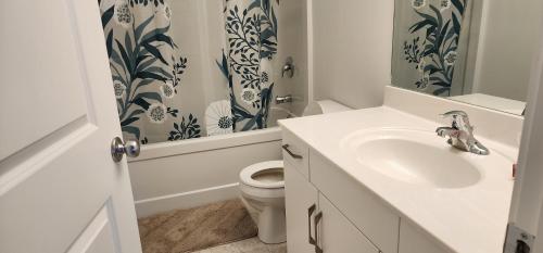 a bathroom with a sink and a toilet and a shower at Winnipeg Airport & Polo Park Suites in Winnipeg