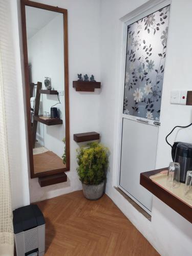 a bathroom with a mirror and a potted plant at Hatton Easy Stay in Hatton
