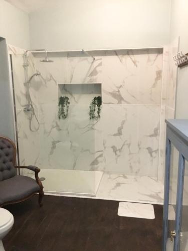 a bathroom with a shower with white marble at Château des Fouilloux in Agris