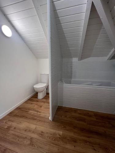 a bathroom with a shower and a toilet in a attic at La Maison du Bonheur in Pointe-Noire