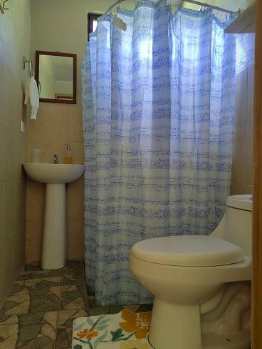 a bathroom with a toilet and a sink with a blue shower curtain at Papaturro House in La Cruz