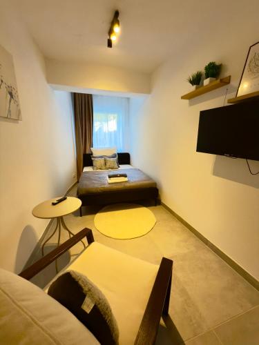 a small living room with a couch and a tv at Business Apartment City 5 Betten & Parkplatz in Lüdenscheid