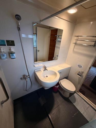 a bathroom with a sink and a toilet and a mirror at Cingjing Brilliant Twins of Seattle in Ren'ai
