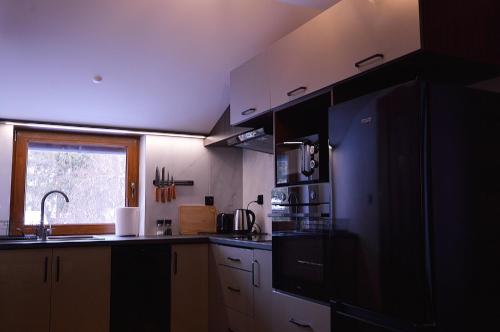 a kitchen with white cabinets and a black refrigerator at Apartament Pod Jasieniem Jurgów in Jurgów