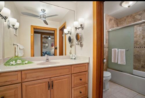 a bathroom with a sink and a toilet and a mirror at Poipu Beach Condo with AC and Pool in Koloa