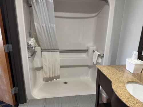 a white bathroom with a shower and a sink at Greenlight Inn & Suites St James in Saint James