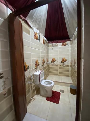 a bathroom with a toilet and a red rug at Rum Panoramic Camp & Tour in Wadi Rum