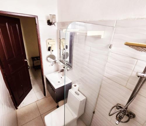 a bathroom with a toilet and a sink at Hotel La Llave del Mar Zona Colonial in Santo Domingo