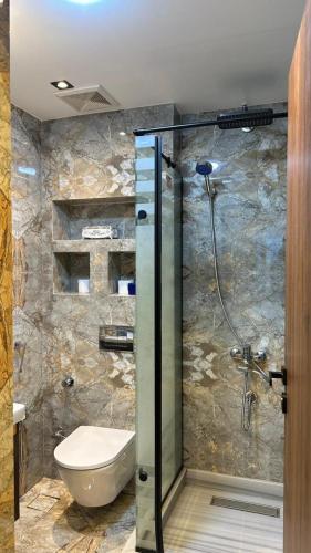 a bathroom with a glass shower with a toilet at Sheraton Palace Sea View in Alexandria