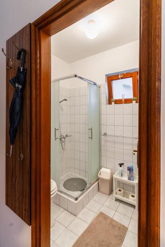 a bathroom with a shower and a toilet at Kispál Apartmanház in Zalakaros