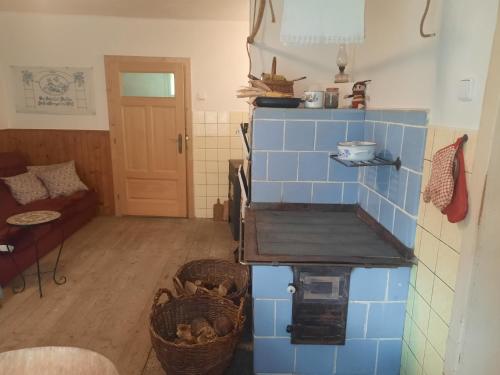 a living room with a blue tiled wall at Chalupa u Josefa in Valašská Polanka