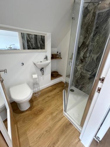 a bathroom with a shower and a toilet and a sink at The Studio at Torr Leathann - Modern Studio in Stittenham