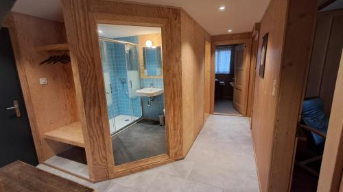 a bathroom with a glass shower and a sink at Chalet Suveran 1 in Arosa