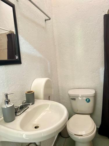 a bathroom with a white toilet and a sink at Incredible 360 views 5 min from downtown in Tepoztlán