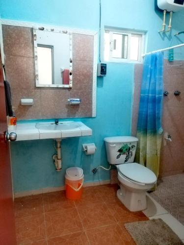 a bathroom with a toilet and a sink and a mirror at Sisal Brisa de Mar in Sisal