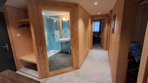a bathroom with a glass shower and a sink at Chalet Suveran 2 in Arosa