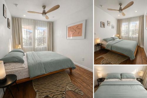 two pictures of a bedroom with two beds and a ceiling fan at Resort Getaway in Private Garden Terrace Villa w Luxury Amenities in Los Angeles