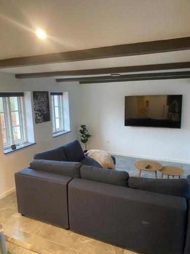 a living room with a blue couch and a tv at House overlooking the countryside and close to the city in Middelfart
