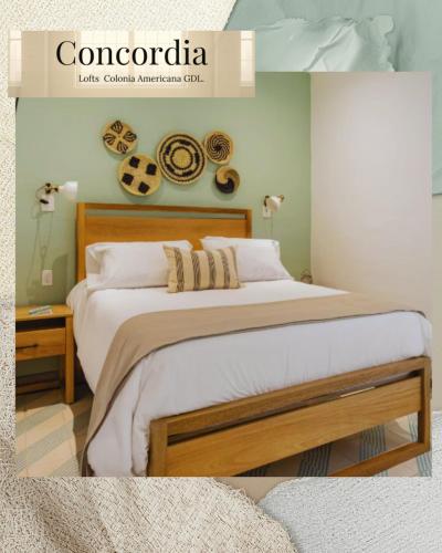 a poster of a bedroom with a large bed at Concordia Lofts colonia americana Guadalajara in Guadalajara