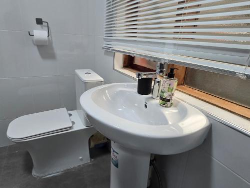 a bathroom with a white sink and a toilet at Zachi Eland Apartment in Kitwe