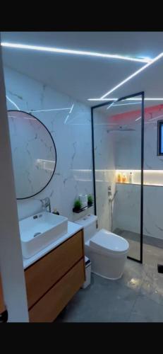 a bathroom with a toilet and a sink and a mirror at Dgomez House in Santiago de los Caballeros