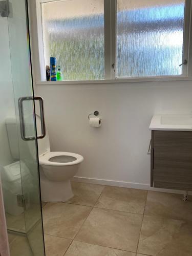a bathroom with a toilet and a sink and a window at Blue Horizon Hideaway in Matapouri