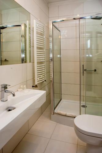 a bathroom with a shower and a sink and a toilet at Hotel Alexandra in Pobiedziska