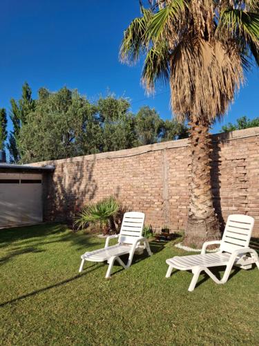 two white chairs in a yard with a palm tree at Casa con Piscina -El nogal in Las Heras