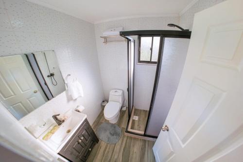 a bathroom with a shower and a toilet and a sink at Cabaña El Quillay in Santa Cruz