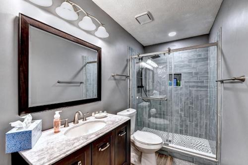 a bathroom with a shower and a toilet and a sink at Alpharetta Dreaming in Alpharetta