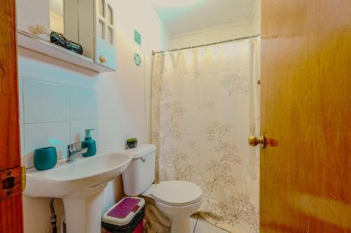 a bathroom with a toilet and a sink and a shower at Algarrobo Cabaña a 2 cuadras Playa El Canelo+Wifi in Algarrobo